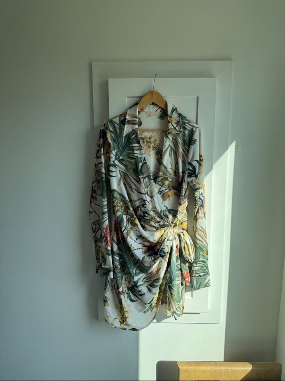 Vici Tropical Floral Wrap Dress in White, Green, Yellow - Picture 12 of 12